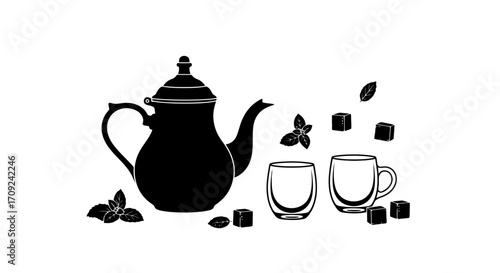 Elegant Moroccan Tea Set Silhouette Illustration for Cafe Menus and Cultural Event Graphics, Perfect for Print and Digital Design Projects