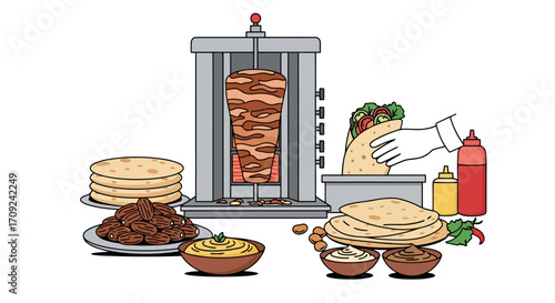 Illustration of Shawarma Preparation, Displaying the Ingredients and Equipment Used in a Restaurant Setting for Culinary Visuals and Menu Designs