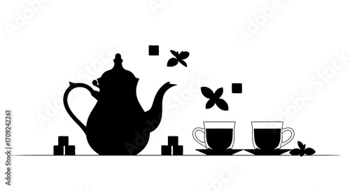 Elegant minimalist silhouette of a teapot, cups, sugar cubes, and mint leaves, perfect for showcasing tea time and beverage related designs.