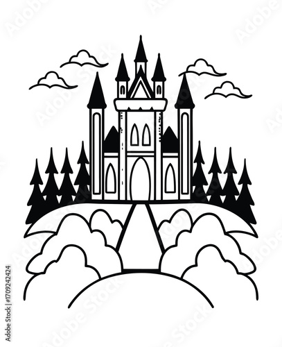 Whimsical castle illustration with trees clouds and pathway in black and white design