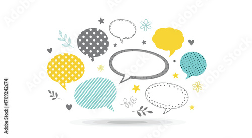 Vibrant speech bubbles and decorative elements create a dynamic communication concept