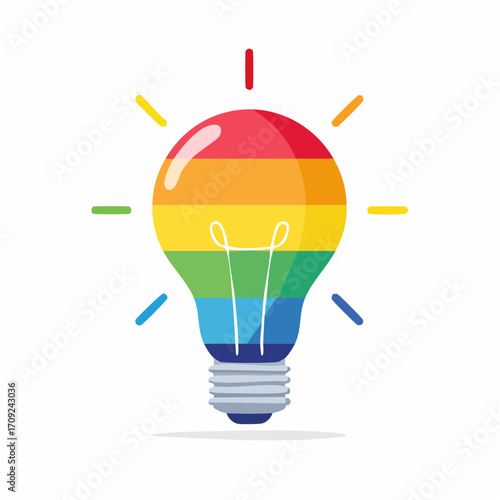 A colorful lightbulb design representing the LGBTQ+ pride flag, radiating energy and light.