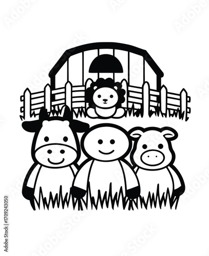 Cartoon farm animals with barn and fence black and white vector illustration