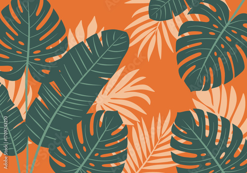 A vibrant tropical jungle foliage pattern with large green monstera leaves and smaller palm fronds.