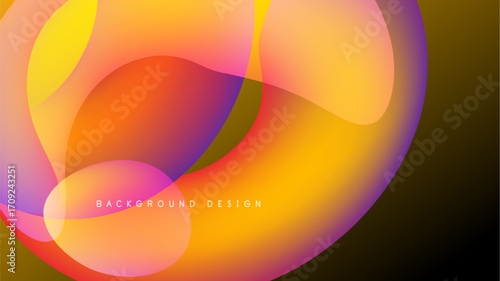 Abstract fluid shapes blend, creating vibrant color gradients. Warm tones dominate, contrasted by purple accents on black background. Modern design element.