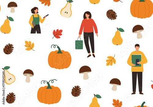 Autumn harvest pattern featuring pumpkins pears mushrooms and falling leaves with people enjoying the season.