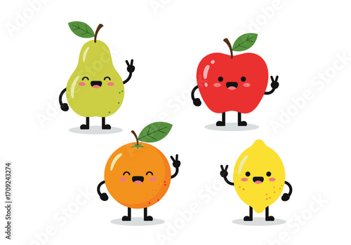Cute cartoon fruits with happy faces waving and giving peace signs.