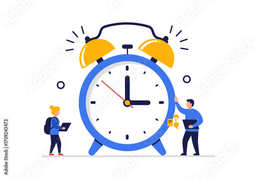 A large blue alarm clock with two small people standing next to it adjusting the time and setting up their schedules. 