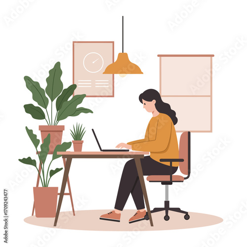 Young woman working remotely on her laptop in a cozy home office decorated with houseplants, creating a comfortable and productive atmosphere