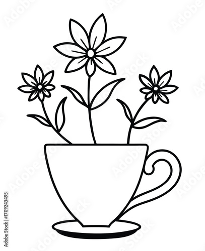 Elegant line art drawing of flowers in a teacup on a saucer design