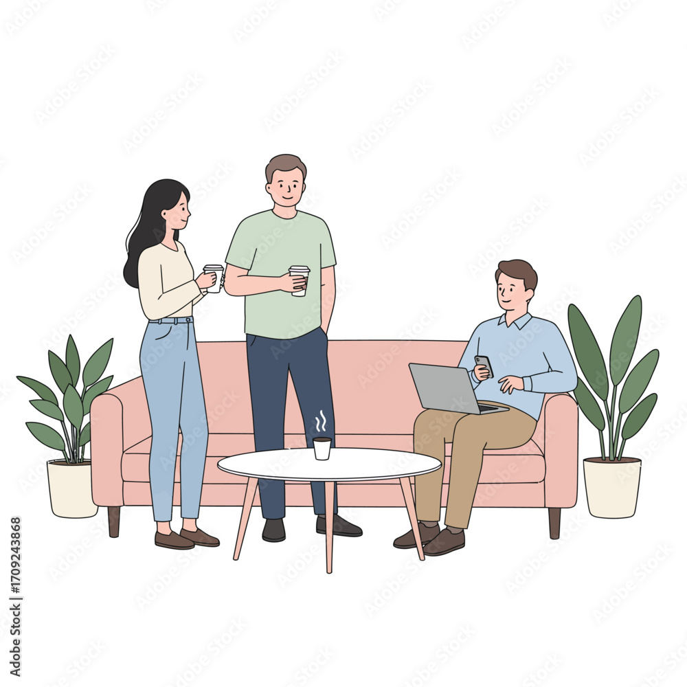 Obraz premium Casual Gathering Coworkers Relaxing with Coffee and Technology in a Lounge Area