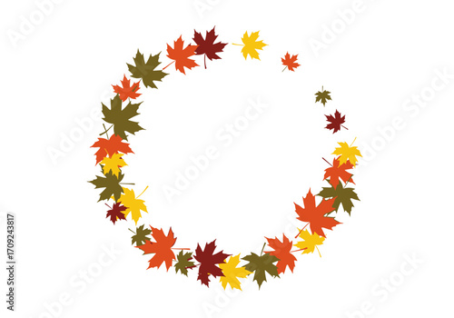 A circular arrangement of colorful fall leaves forming a decorative border design.