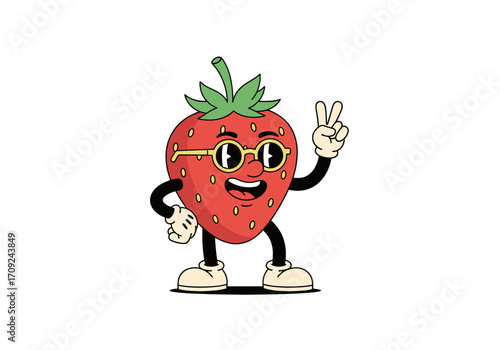 A cool cartoon strawberry wearing glasses and giving a peace sign.