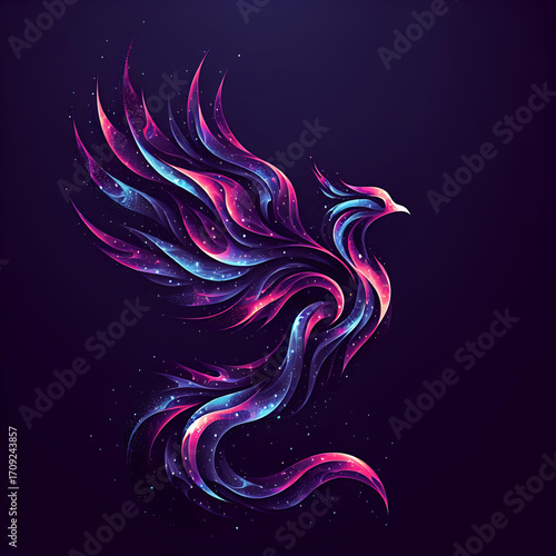 Minimalist abstract vector illustration of a majestic phoenix rising upward, infused with cosmic galaxy elements