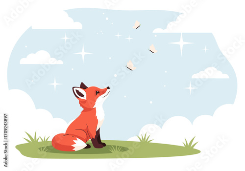 A cute little fox gazes up at butterflies in a starry sky.