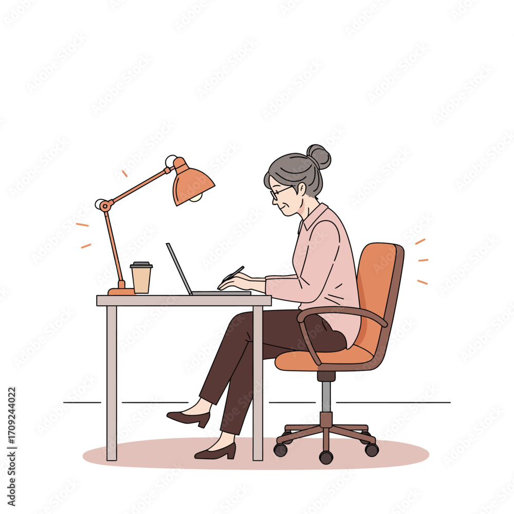 Fototapeta premium A woman working diligently at her desk with a laptop and a desk lamp illuminating her workspace, conveying focus and productivity