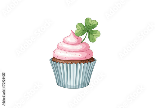 A festive cupcake with pink frosting and a lucky shamrock on top.