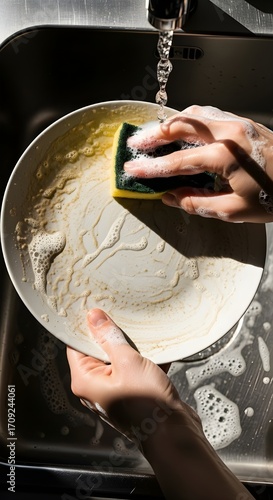 Hand washing dishes with sponge and soap