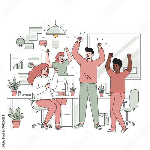 Diverse group of people celebrating success and achievement in a modern office environment with enthusiasm and joy