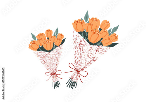 Two artistic bouquets of vibrant orange tulips are beautifully presented tied with red ribbons.