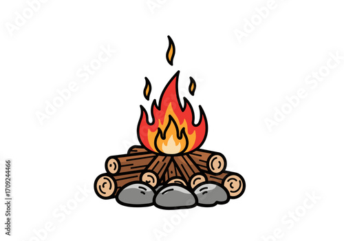 A campfire made of logs with a bright orange and red flame burning on top.