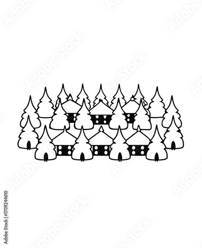 Winter wonderland scenery showcasing trees and houses in black and white vector style