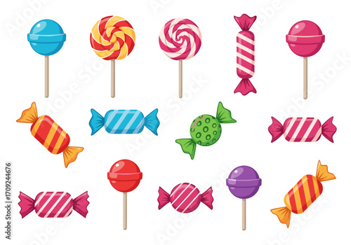 A delightful collection of colorful candies and lollipops arranged in a visually appealing pattern.