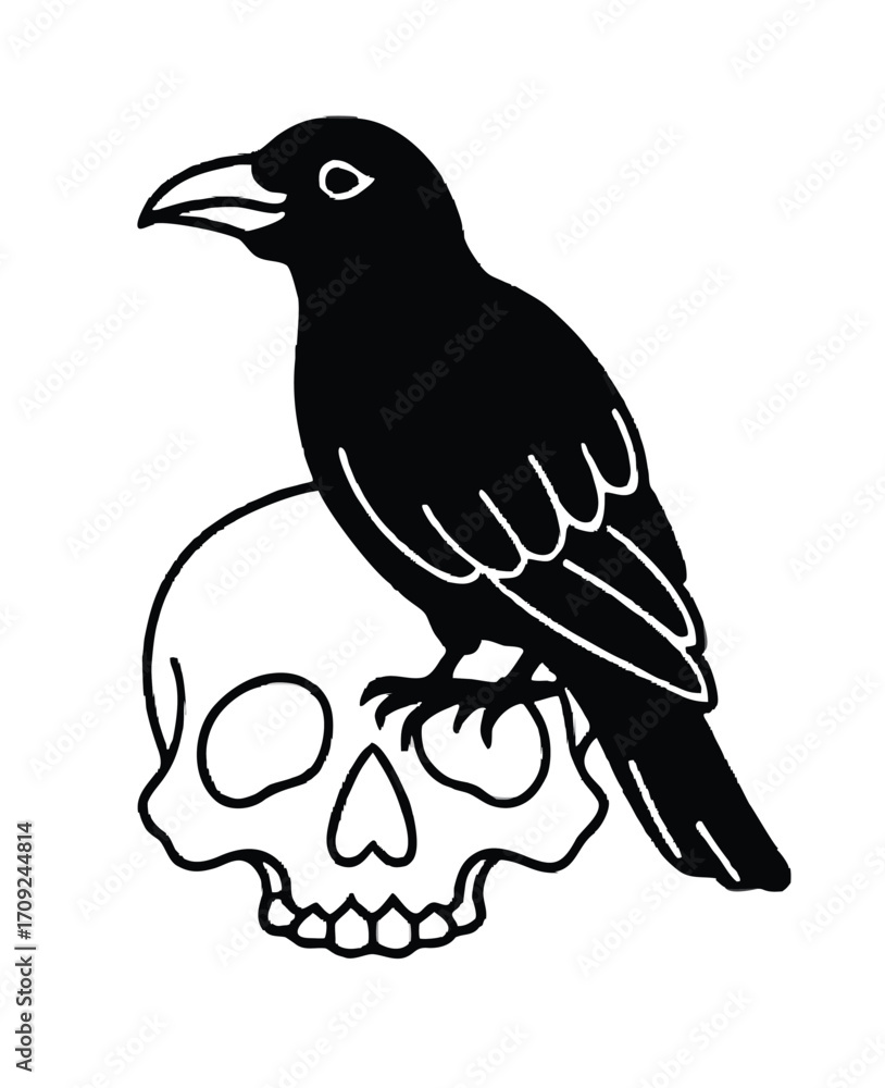 Fototapeta premium Black Raven Perched on Skull a Symbol of Mortality and Gothic Themes