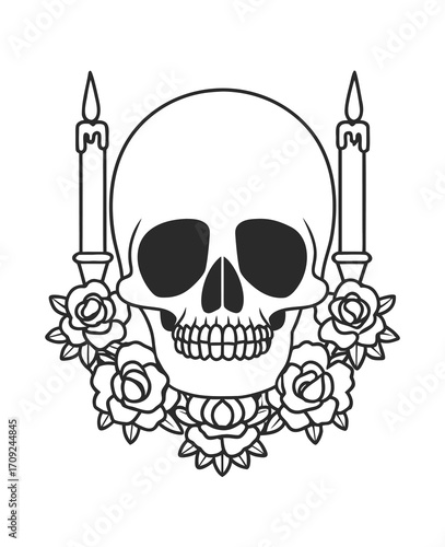 Skull with candles and roses black and white drawing for Halloween concept design