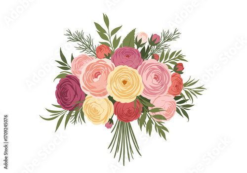 A beautiful arrangement of colorful spring flowers and greenery presented in a charming bouquet.