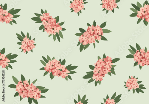 A gentle scattering of delicate pink blossoms with green leaves on a pale green background.