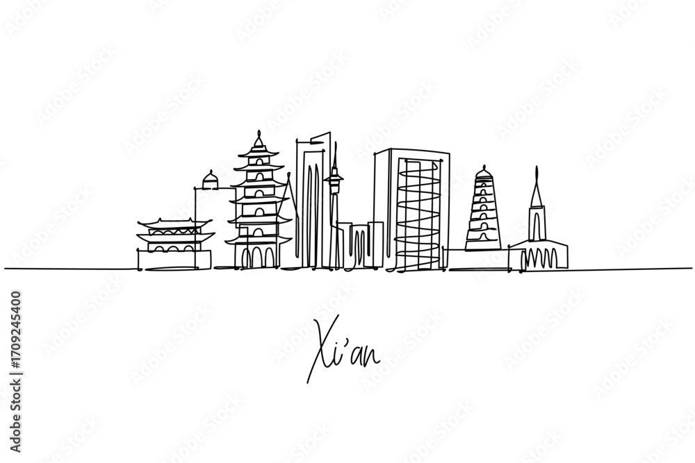 Naklejka premium Xi’an skyline single line drawing