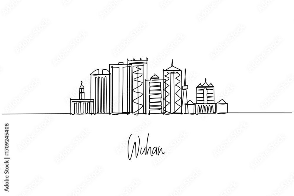 Obraz premium Wuhan skyline continuous line drawing