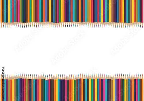 A vibrant border of colorful wooden pencils on a white background providing ample space for text and design.