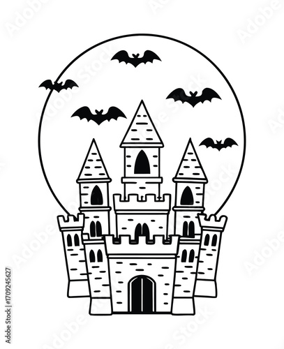 Spooky Halloween castle with bats flying silhouette on the full moon background