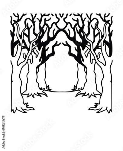 Monochrome forest illustration with gnarled trees forming a mysterious woodland archway