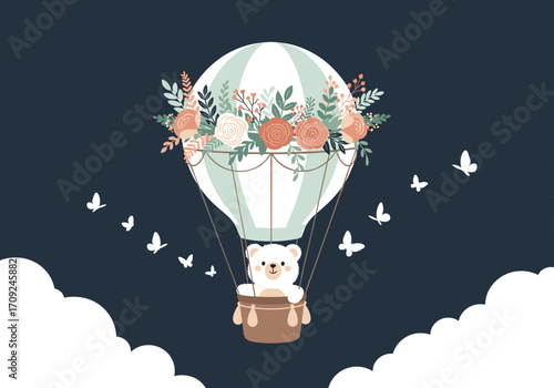 A cute teddy bear travels in a hot air balloon adorned with flowers and surrounded by butterflies.