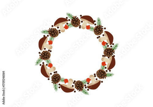 A rustic autumn wreath composed of forest mushrooms pinecones fir branches and small red berries arranged in a circular pattern.