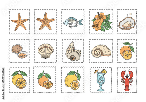 A collection of colorful tropical illustrations featuring marine life ocean-themed objects and fresh fruits.