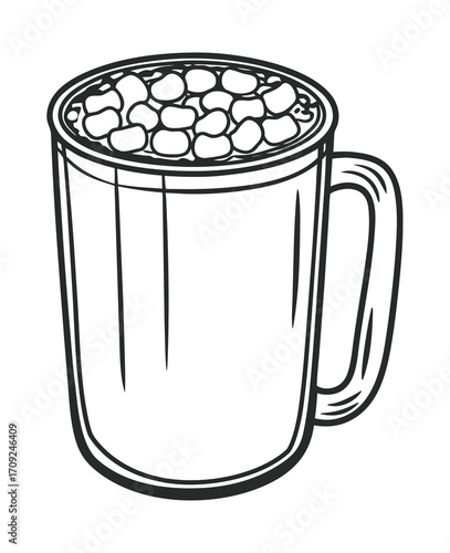 Line art illustration of a mug filled with marshmallows perfect for coloring pages