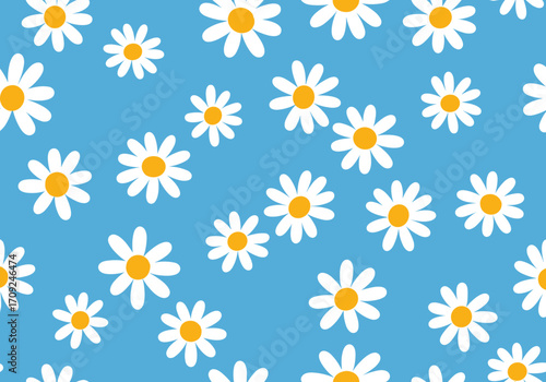 A charming pattern of small white daisies scattered across a vibrant blue background field.
