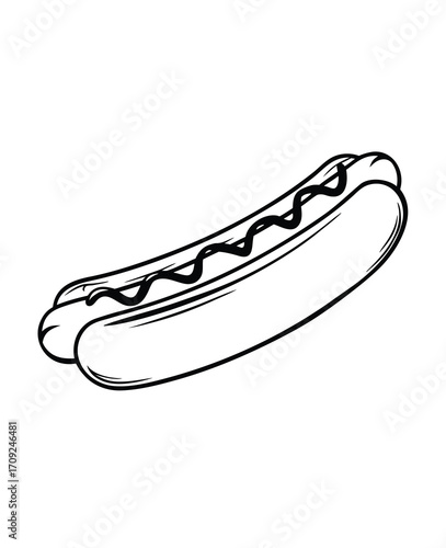 Delicious hotdog with mustard black and white illustration for food blog articles