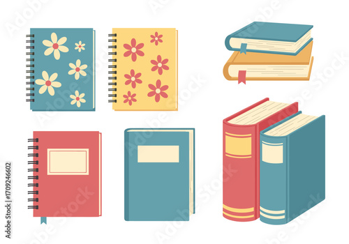 A collection of various types of books and notebooks for writing and reading activities.
