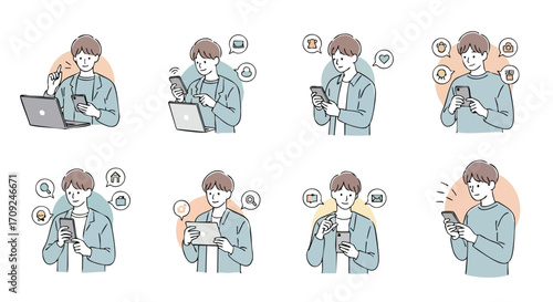 Young man using smartphone, tablet, and laptop for various online tasks, staying connected