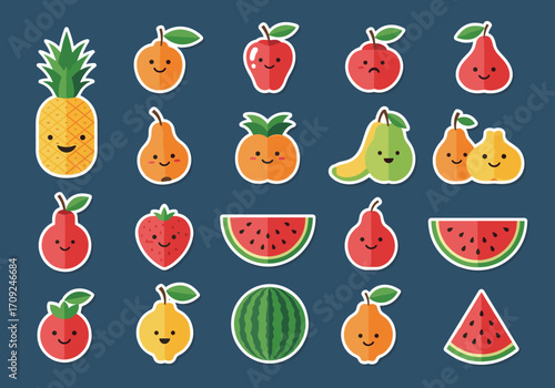 A collection of adorable cartoon fruits with happy and sad expressions