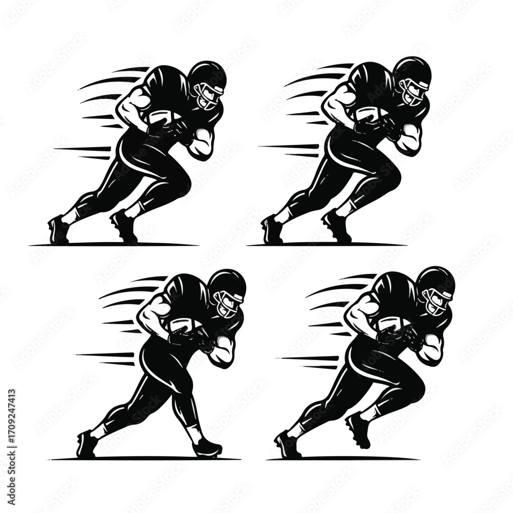Obraz premium Four black and white graphic illustrations of an American football player running with the ball, depicted with speed lines.