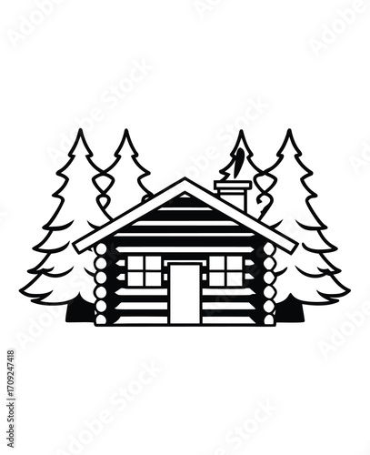 Stylized line art illustration of a log cabin in the forest retreat graphic