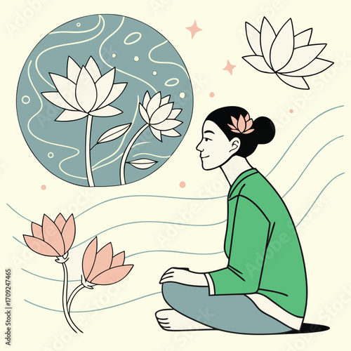 Silhouette of a woman in lotus position botanical elements 