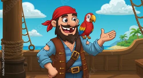 Cartoon pirate and parrot on ship deck