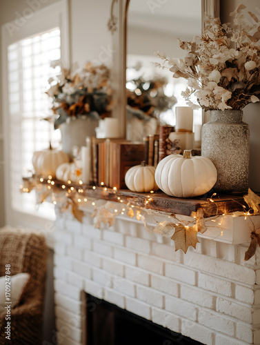 Fall home decor white pumpkins fireplace mantel autumn season design